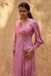 Shop_Ankita Dharman_Pink 100% Viscose Natural Crepe Printed Geometric V Neck Ash Rose Dress 