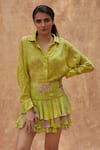 Buy_Ankita Dharman_Green Cotton Linen Printed Floral Shirt Collar Drop Sleeve And Ruffle Skirt Set _at_Aza_Fashions