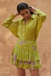 Shop_Ankita Dharman_Green Cotton Linen Printed Floral Shirt Collar Drop Sleeve And Ruffle Skirt Set _Online_at_Aza_Fashions