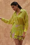 Ankita Dharman_Green Cotton Linen Printed Floral Shirt Collar Drop Sleeve And Ruffle Skirt Set _at_Aza_Fashions