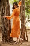 Shop_Ankita Dharman_Orange 100% Viscose Natural Crepe Printed Floral V Neck Flame Lily Drape Dress _at_Aza_Fashions