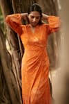 Buy_Ankita Dharman_Orange 100% Viscose Natural Crepe Printed Floral V Neck Flame Lily Drape Dress _Online_at_Aza_Fashions