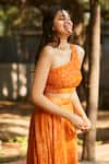 Ankita Dharman_Orange 100% Viscose Natural Crepe Printed Geometric Asymmetric Lehenga Set _at_Aza_Fashions