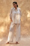 Buy_Ankita Dharman_Ivory Cotton Linen Plain Collared Neck Jasmine Shirt And Pant Set _at_Aza_Fashions