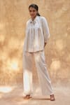 Buy_Ankita Dharman_Ivory Cotton Linen Plain Collared Neck Jasmine Shirt And Pant Set _Online_at_Aza_Fashions