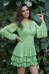 Ankita Dharman_Green 100% Viscose Natural Crepe Geometric Leaf Laurel Ruffle Dress _Online_at_Aza_Fashions