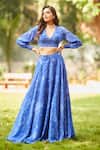 Buy_Ankita Dharman_Blue Viscose Embroidery V-neck Midnight Floral Print Lehenga And Blouse Set _at_Aza_Fashions