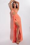 Shop_Deme By Gabriella_Peach Lycra Asymmetric One Shoulder Cut-out Maxi Dress_Online_at_Aza_Fashions