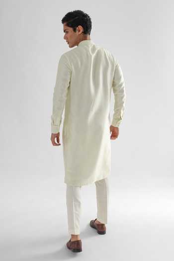 Shop_Paarsh_Yellow Bamboo, Cotton Hawk Cord Work Kurta Set _at_Aza_Fashions