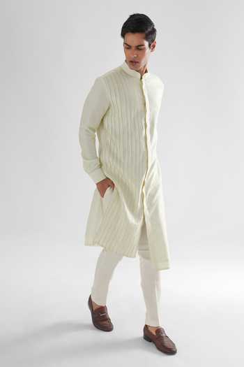 Paarsh_Yellow Bamboo, Cotton Hawk Cord Work Kurta Set _Online_at_Aza_Fashions