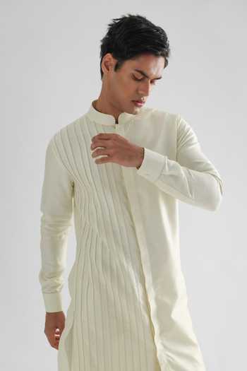 Buy_Paarsh_Yellow Bamboo, Cotton Hawk Cord Work Kurta Set _Online_at_Aza_Fashions