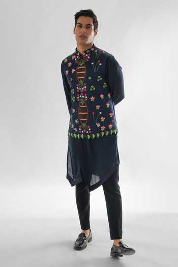 Buy_PAARSH_Blue Linen, Satin, Cotton Embroidery Bundi Kurta Set _at_Aza_Fashions