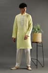 Buy_Byb Premium_Yellow Linen Hand Embroidered Gota Placket Kurta And White Pyjama Set _at_Aza_Fashions