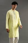 Byb Premium_Yellow Linen Hand Embroidered Gota Placket Kurta And White Pyjama Set _Online_at_Aza_Fashions