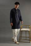 Buy_Byb Premium_Blue Linen Hand Embroidered Pearl Placket Kurta And Pyjama Set _at_Aza_Fashions