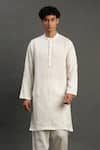 Byb Premium_Off White Linen Hand Embroidered Pearl Kurta And Pyjama Set _at_Aza_Fashions