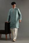 Buy_Byb Premium_Blue Linen Embroidered Zardosi Placket Kurta And Pyjama Set _at_Aza_Fashions