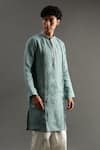 Byb Premium_Blue Linen Embroidered Zardosi Placket Kurta And Pyjama Set _Online_at_Aza_Fashions