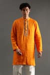 Shop_Byb Premium_Orange Linen Hand Embroidered Gota Placket Kurta And Pyjama Set _Online_at_Aza_Fashions