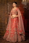MOHA Atelier_Red Dupion Silk Embroidered Moti Floral Jaal Zari Bridal Lehenga Set _Online_at_Aza_Fashions