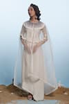 Buy_Eclat by Prerika Jalan_Ivory Satin Linen Embroidered Pearl Cape Sheer Cutdana Embellished With Dress _at_Aza_Fashions