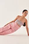 Cross A Line_Pink Cotton, Linen Bandeau Neck Amelia Bustier And Pant Set _at_Aza_Fashions