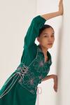 CROSS A LINE_Green Cotton Linen Embroidered Floral Apron Knee-length Dress  _Online_at_Aza_Fashions