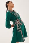 Shop_CROSS A LINE_Green Cotton Linen Embroidered Floral Apron Knee-length Dress  _Online_at_Aza_Fashions