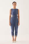 Buy_CROSS A LINE_Blue Cotton Linen Solid Round Cerulean Jumpsuit  _at_Aza_Fashions