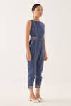 Shop_CROSS A LINE_Blue Cotton Linen Solid Round Cerulean Jumpsuit  _at_Aza_Fashions