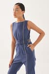 CROSS A LINE_Blue Cotton Linen Solid Round Cerulean Jumpsuit  _Online_at_Aza_Fashions