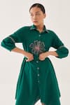 Shop_CROSS A LINE_Green Cotton Linen Embroidered Floral Crooked Nale Shirt Dress _Online_at_Aza_Fashions
