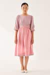 Buy_CROSS A LINE_Pink Cotton Linen Striped Round Krystal Dress _at_Aza_Fashions