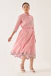 CROSS A LINE_Pink Cotton Linen Embroidered Zig-zag Scryte Skirt  _at_Aza_Fashions