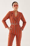 Buy_CROSS A LINE_Orange Jacquard Linen Striped Lapel Collar Wedgewood Jumpsuit  _at_Aza_Fashions