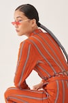 CROSS A LINE_Orange Jacquard Linen Striped Lapel Collar Wedgewood Jumpsuit  _Online_at_Aza_Fashions