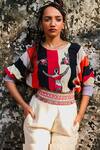 Shop_SVA by Sonam & Paras Modi_Ivory Linen Shahar Stripe Print Cropped Blouse And Pant Set_at_Aza_Fashions