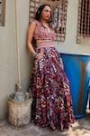 Buy_SVA by Sonam & Paras Modi_Grey Crepe Printed Jungle Plunge V Neck Concrete Lehenga And Blouse Set _at_Aza_Fashions