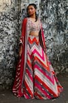 Buy_SVA by Sonam & Paras Modi_Multi Color Silk Embellished Thread Cape Open Colorblock Lehenga Set  _at_Aza_Fashions