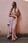 Buy_SVA by Sonam & Paras Modi_Ivory Crepe Printed Geometric V Neck Pre-stitched Saree With Embellished Bustier_at_Aza_Fashions