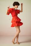 Buy_Verb by Pallavi Singhee_Red Polyester V Neck Frilled Ruched Mini Dress _at_Aza_Fashions