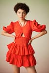 Shop_Verb by Pallavi Singhee_Red Polyester V Neck Frilled Ruched Mini Dress _at_Aza_Fashions