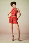 Buy_Verb by Pallavi Singhee_Red Viscose Lurex Georgette Floral Print High Neck Top_at_Aza_Fashions