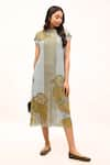 Buy_Kritika Murarka_Blue Dress  Cotton Net Printed Leaf And Striped Shift With Slip  _Online_at_Aza_Fashions