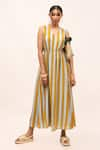 Buy_Kritika Murarka_Yellow Cotton Silk Printed Striped V Neck Dress  _at_Aza_Fashions