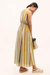 Shop_Kritika Murarka_Yellow Cotton Silk Printed Striped V Neck Dress  _at_Aza_Fashions