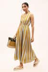 Kritika Murarka_Yellow Cotton Silk Printed Striped V Neck Dress  _Online_at_Aza_Fashions