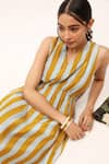 Buy_Kritika Murarka_Yellow Cotton Silk Printed Striped V Neck Dress  _Online_at_Aza_Fashions