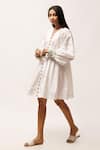 Kritika Murarka_White Cotton Poplin Embroidered Thread V Neck Cuff And Gathered Dress  _Online_at_Aza_Fashions