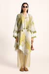 Buy_Kritika Murarka_Blue Cotton Net Printed Floral Notched Fringed Hem Cape Jacket  _at_Aza_Fashions